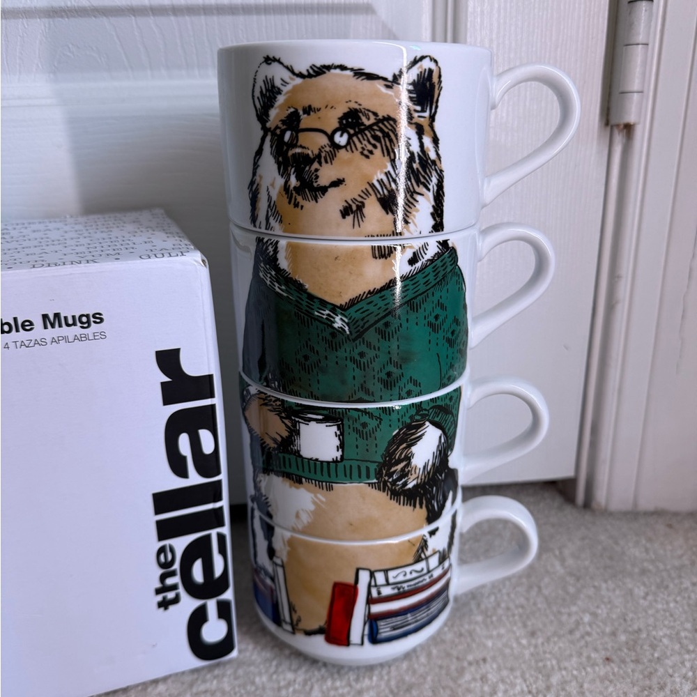 Stackable Coffee Mugs Bear With Books, The Cellar, Words On Back- Relax, Enjoy +